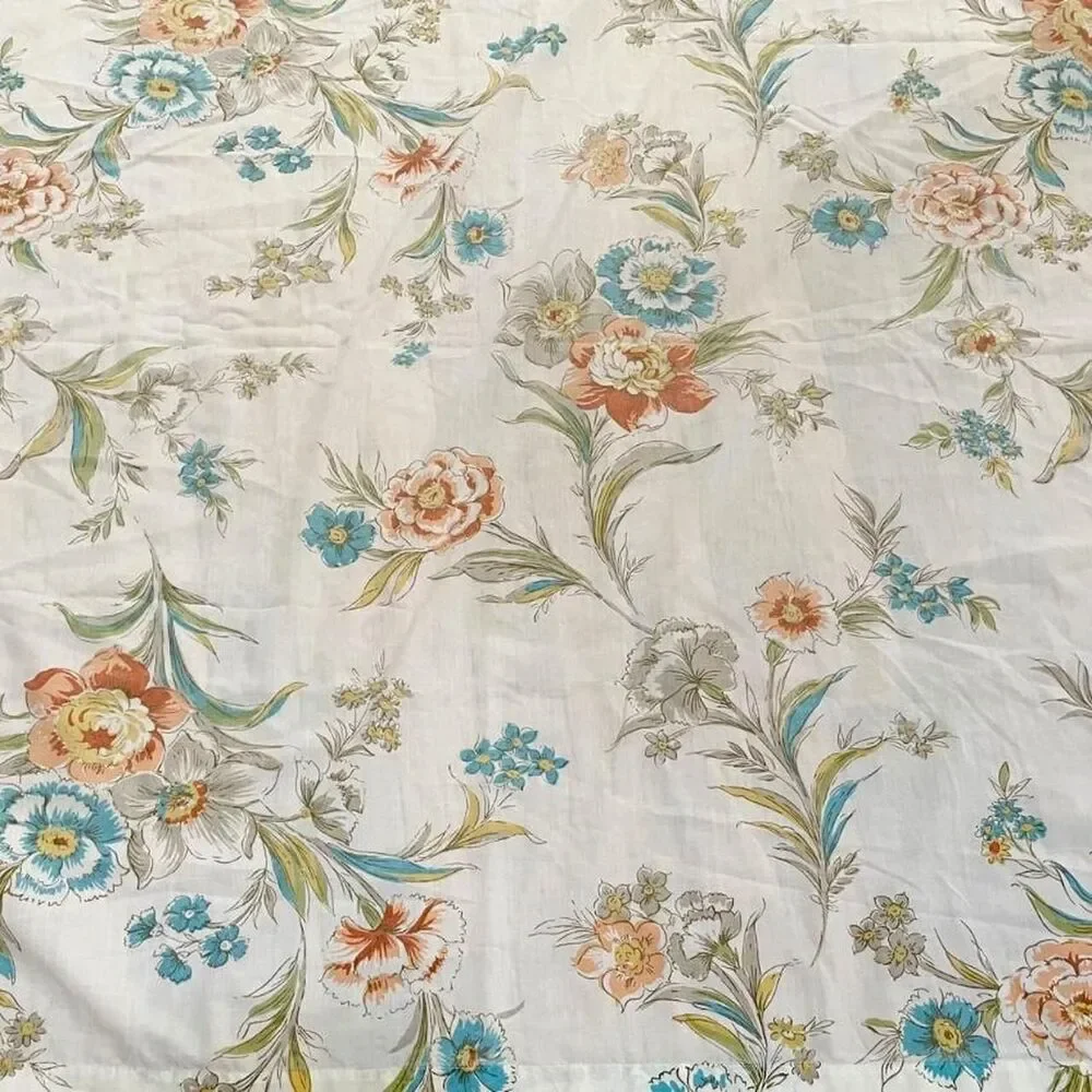 1970s JcPenny’s Cream, Peachy Rust & Blue Floral Print Twin, Fitted, Bed Sheet.
